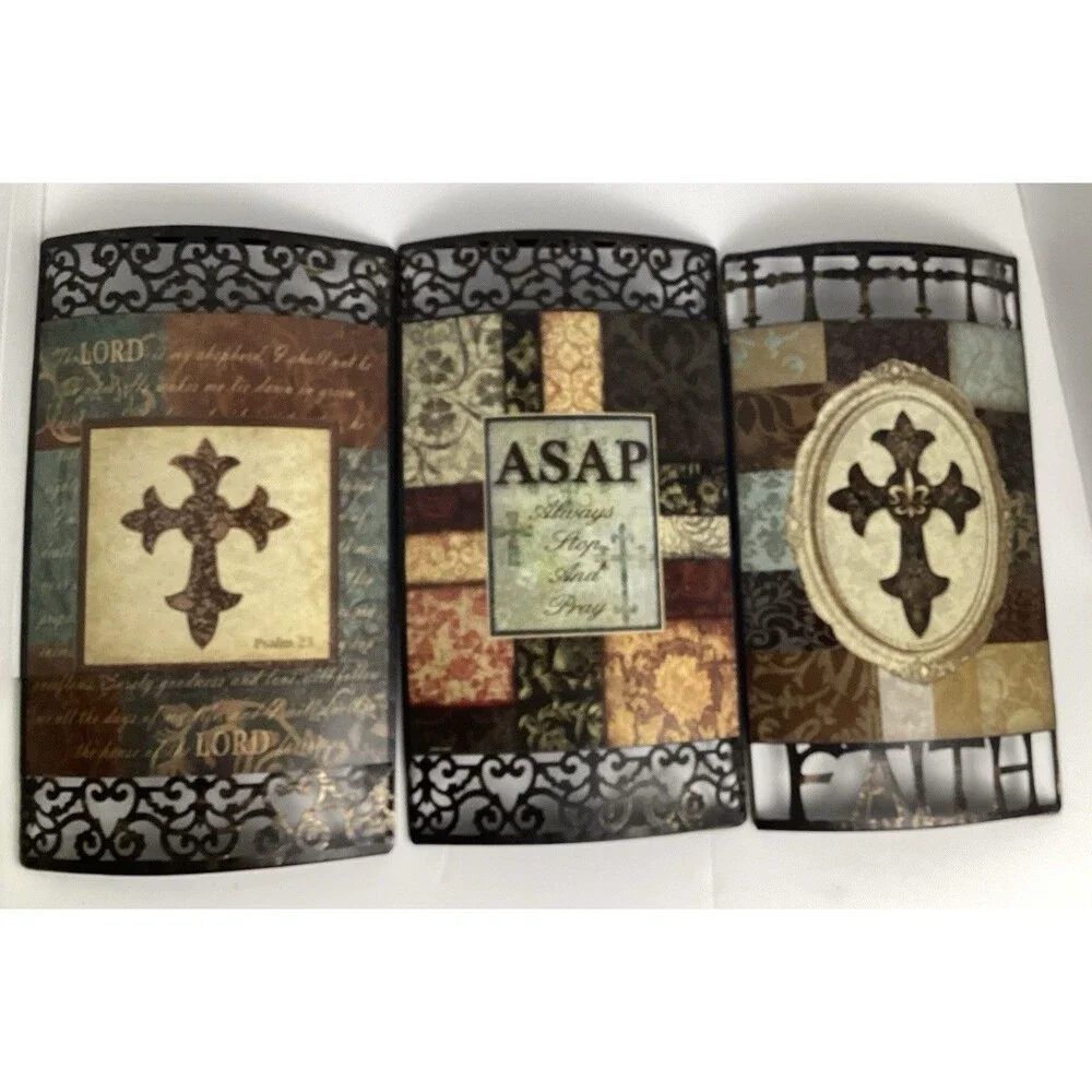 Metal Wall Decor Cross Fleur de Lis Faith Christian Set of 3 Hanging Plaques 14”